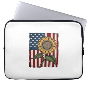 Vintage Sunflower American Flag Laptop Sleeve