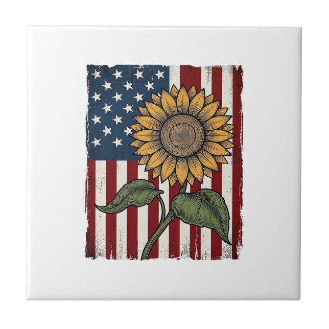 Vintage Sunflower American Flag Tile (Front)