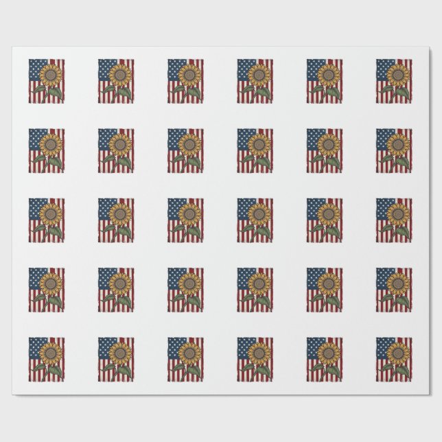 Vintage Sunflower American Flag Wrapping Paper (Flat)