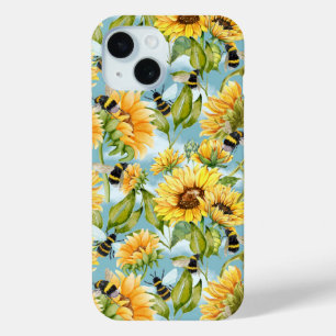 Vintage Sunflower And Bees Seamless Pattern iPhone 15 Case