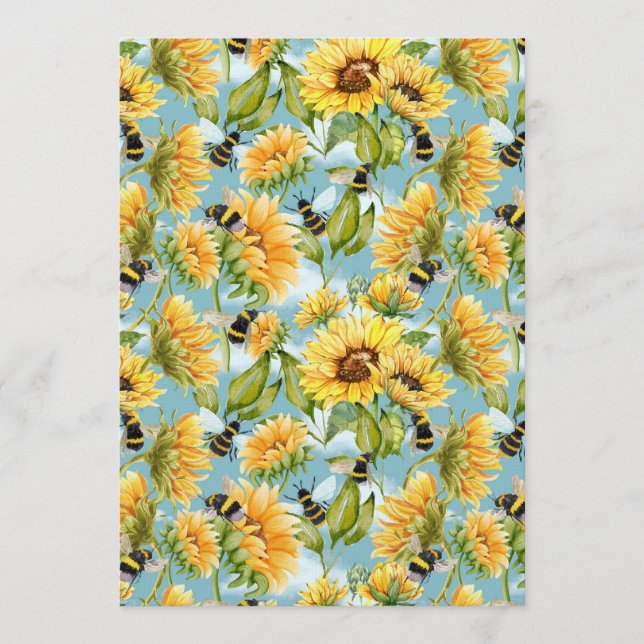 Vintage Sunflower And Bees Seamless Pattern Invitation (Front)