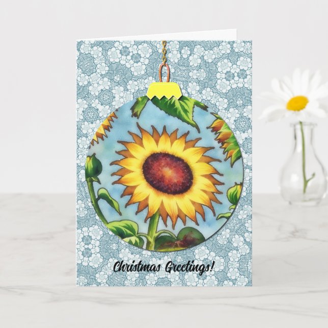 Vintage Sunflower Art Christmas Ornament Blue Card (Small Plant)