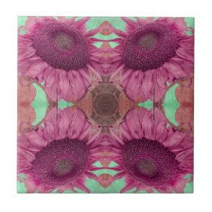 Vintage Sunflower Art Nouveau Pink Green Floral Tile