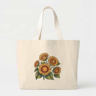 Vintage Sunflower Bees Illustration Floral Nature  Large Tote Bag