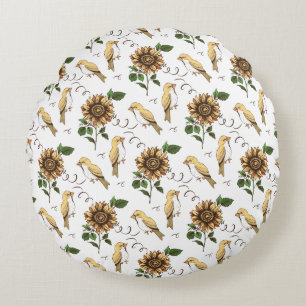 Vintage Sunflower & Birds Vintage Botanical Floral Round Cushion