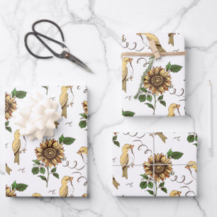 Vintage Sunflower & Birds Vintage Botanical Floral Wrapping Paper Sheet