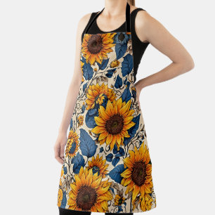 Vintage Sunflower Blue Leaf Aesthetic Kitchen Apron