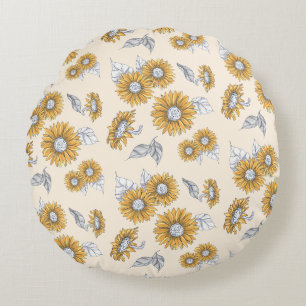 Vintage Sunflower Botanical Pattern Round Cushion