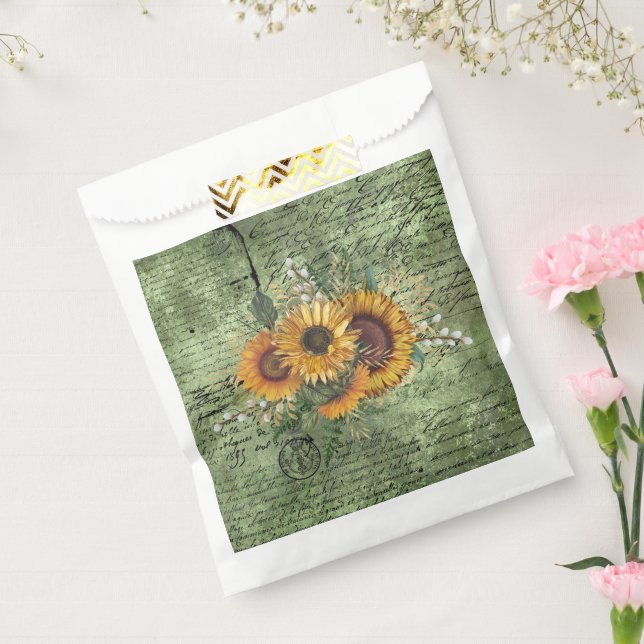 Vintage Sunflower Bouquet Green Ephemera   Favour Bags (Sealed)