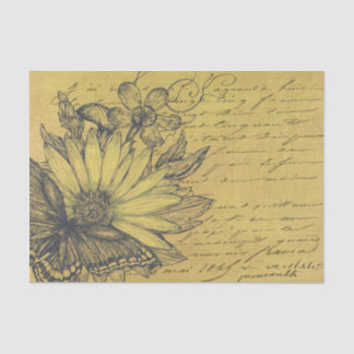 Vintage Sunflower, Butterfly, French Script Gold Tissue Paper