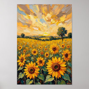 Vintage Sunflower Field Countryside Art Poster