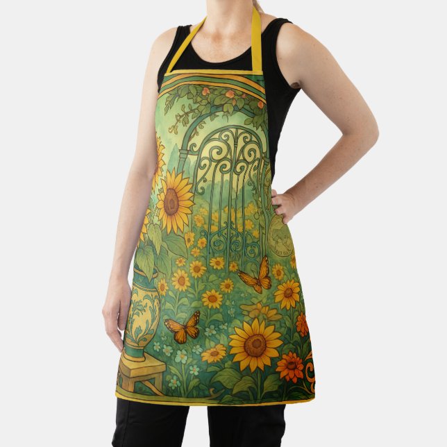 Vintage Sunflower Garden Butterflies Art Nouveau Apron (Insitu)
