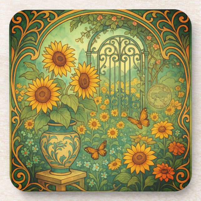 Vintage Sunflower Garden Butterflies Art Nouveau Coaster (Front)