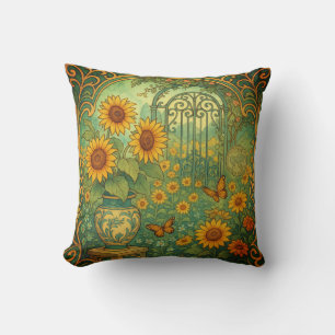 Vintage Sunflower Garden Butterflies Art Nouveau Cushion
