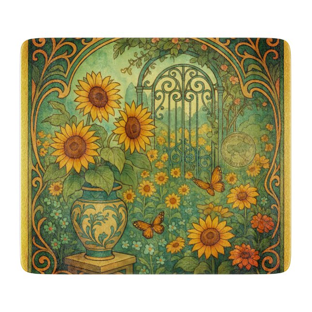 Vintage Sunflower Garden Butterflies Art Nouveau Cutting Board (Front)