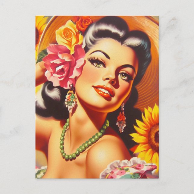 Vintage Sunflower Girl Postcard (Front)