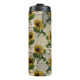 Vintage Sunflower Green Leaves Newspaper Country Thermal Tumbler