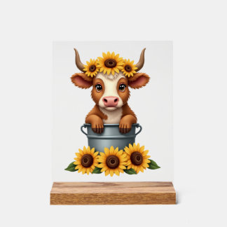 Vintage Sunflower Highland Cow in Bucket Floral Fa Acrylic Sign