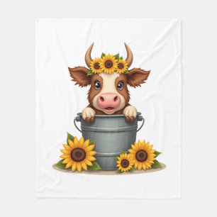 Vintage Sunflower Highland Cow in Bucket Floral Fa Fleece Blanket
