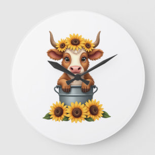 Vintage Sunflower Highland Cow in Bucket Floral Fa Large Clock
