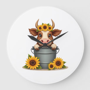 Vintage Sunflower Highland Cow in Bucket Floral Fa Large Clock