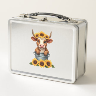 Vintage Sunflower Highland Cow in Bucket Floral Fa Metal Lunch Box