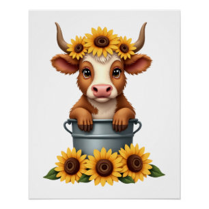 Vintage Sunflower Highland Cow in Bucket Floral Fa Poster
