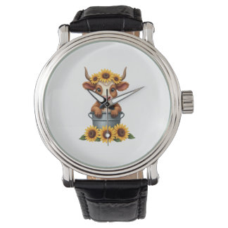 Vintage Sunflower Highland Cow in Bucket Floral Fa Watch