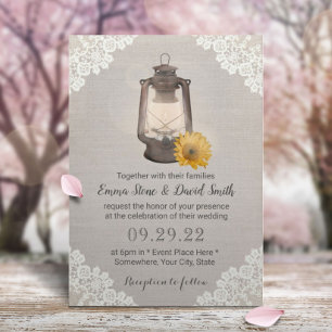 Vintage Sunflower & Lantern Rustic Laced Wedding Invitation
