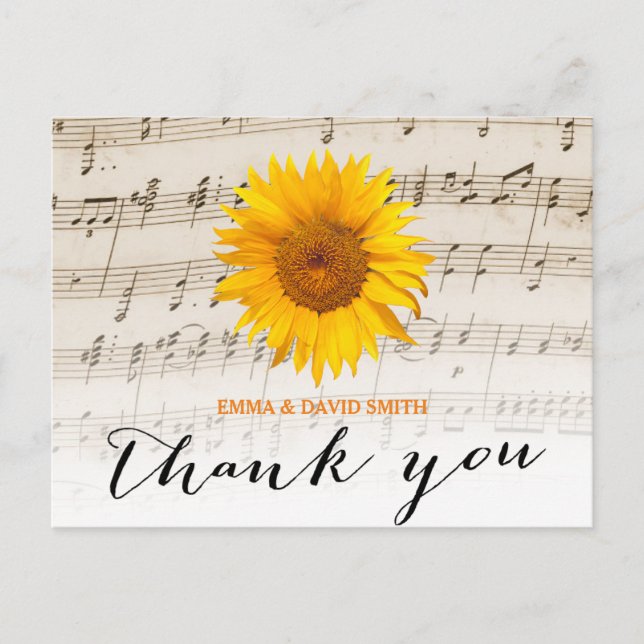 Vintage Sunflower & Music Sheet Wedding Thank You Postcard (Front)