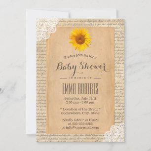 Vintage Sunflower Old Script Paper Baby Shower Invitation