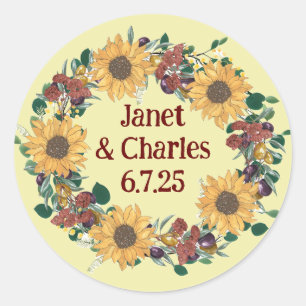 Vintage Sunflower & Olives Wedding Floral Wreath Classic Round Sticker