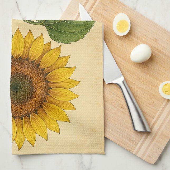 Vintage Sunflower on Weathered Paper Tea Towel (Quarter Fold)