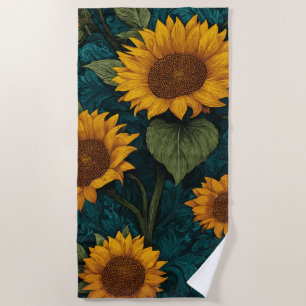 Vintage Sunflower Pattern – Botanical Art Design Beach Towel