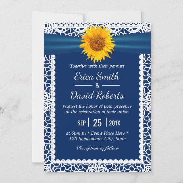 Vintage Sunflower Ribbon Laced Navy Blue Wedding Invitation (Front)