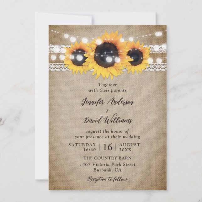 Vintage Sunflower Rustic Burlap Lace Wedding Invitation (Front)