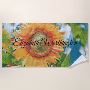 Vintage Sunflower Watercolor Green Blue Background Beach Towel