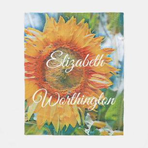 Vintage Sunflower Watercolor Green Blue Background Fleece Blanket