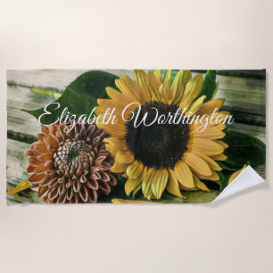 Vintage Sunflower Watercolor on a Wooden Table Beach Towel