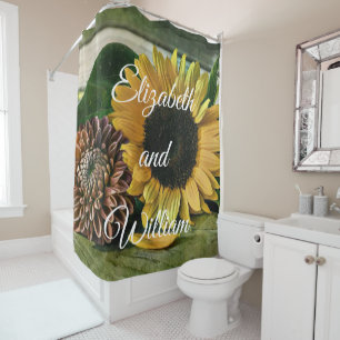 Vintage Sunflower Watercolor on a Wooden Table Shower Curtain