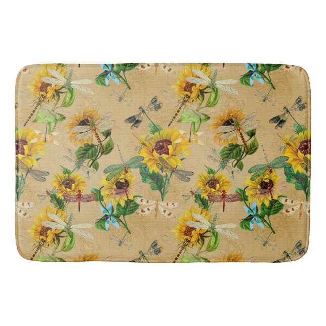 Vintage Sunflowers and Dragonflies  Bath Mat (Front)