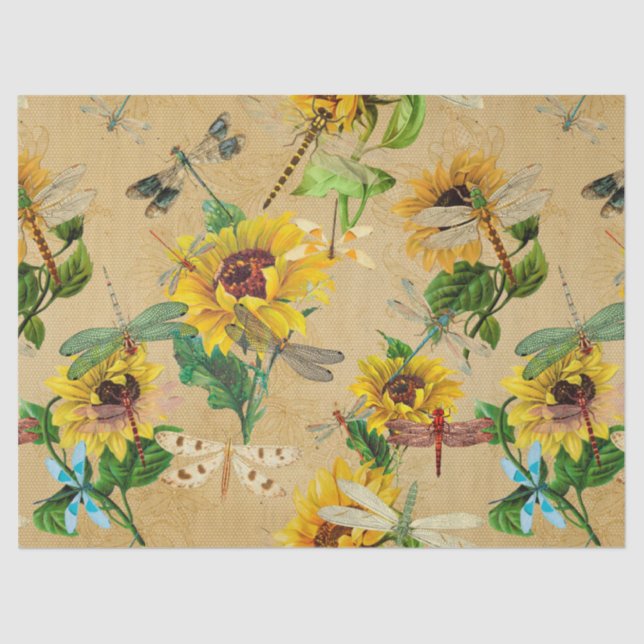 Vintage Sunflowers and Dragonflies Decoupage Tissue Paper (Front)