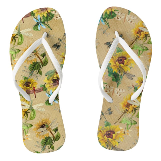 Vintage Sunflowers and Dragonflies   Flip Flops (Footbed)