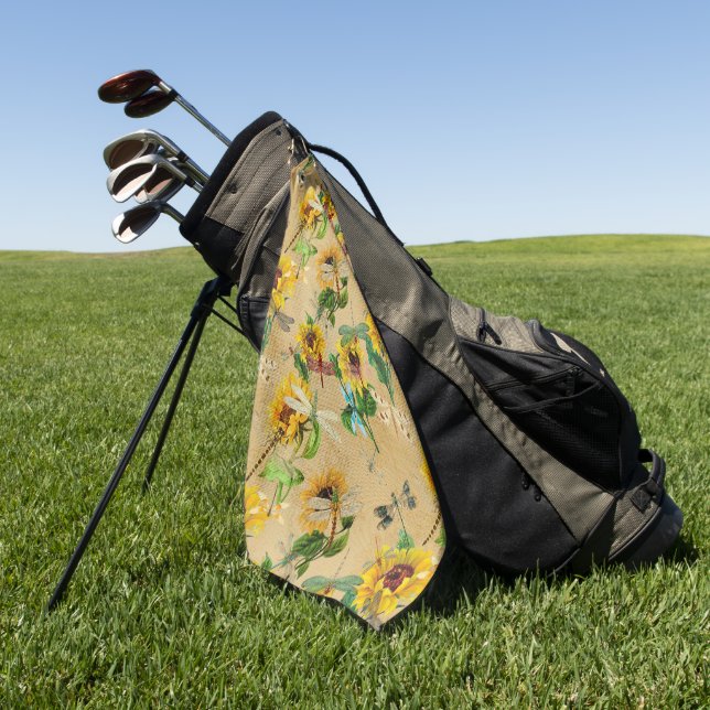 Vintage Sunflowers and Dragonflies  Golf Towel (Green)