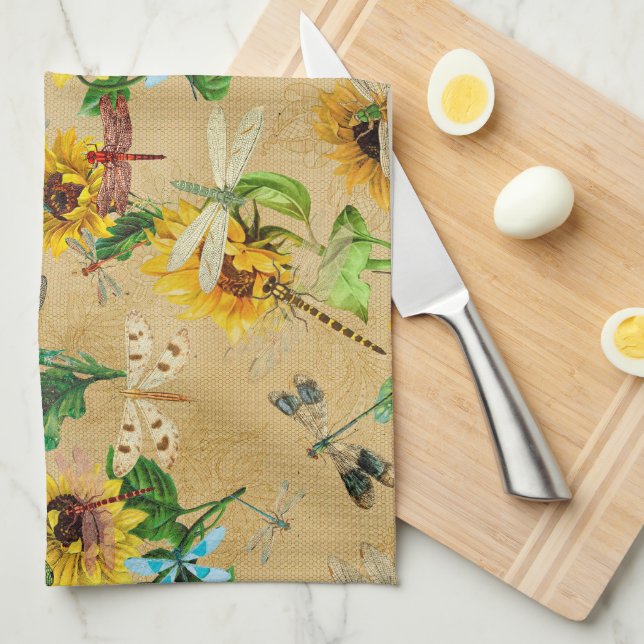 Vintage Sunflowers and Dragonflies   Tea Towel (Quarter Fold)