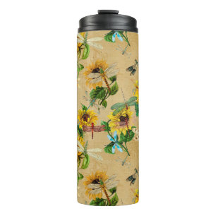 Vintage Sunflowers and Dragonflies  Thermal Tumbler