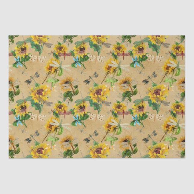 Vintage Sunflowers and Dragonflies Tissue Paper (Front)