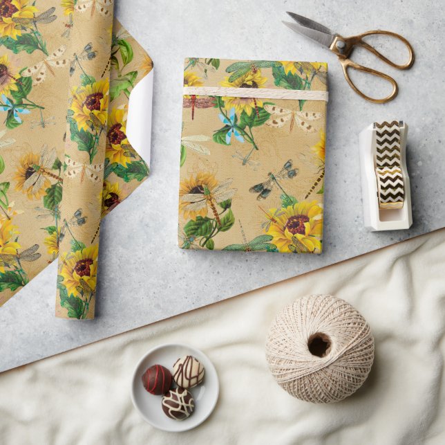 Vintage Sunflowers and Dragonflies Wrapping Paper (Crafts)