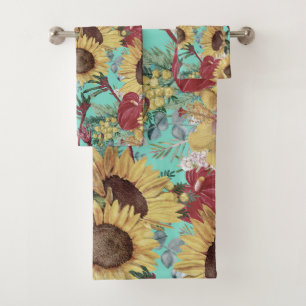 Vintage Sunflowers And Summer Tropical Wildflowers Bath Towel Set