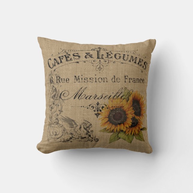 Vintage Sunflowers Burlap Cushion (Front)